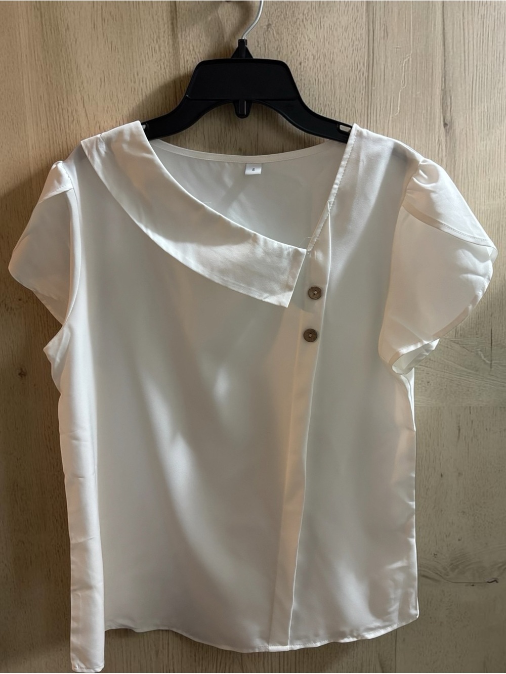 Amazon White Short Sleeve Asymmetrical Collar Blouse with Button Detail